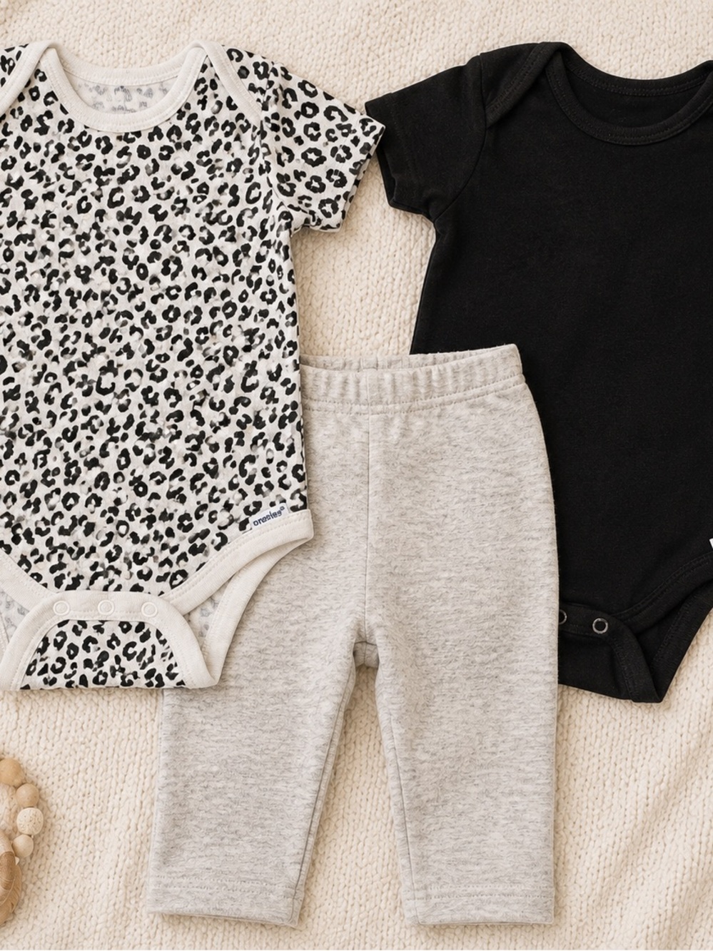 Kids One-Piece Set with Black and Leopard Bodysuit includes gray sweats 0-3 mo